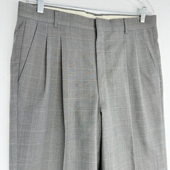 Mens Gray Plaid Pleated Cuffed Wool Dress Pants Size 34 X 32 - Picture 3 of 15